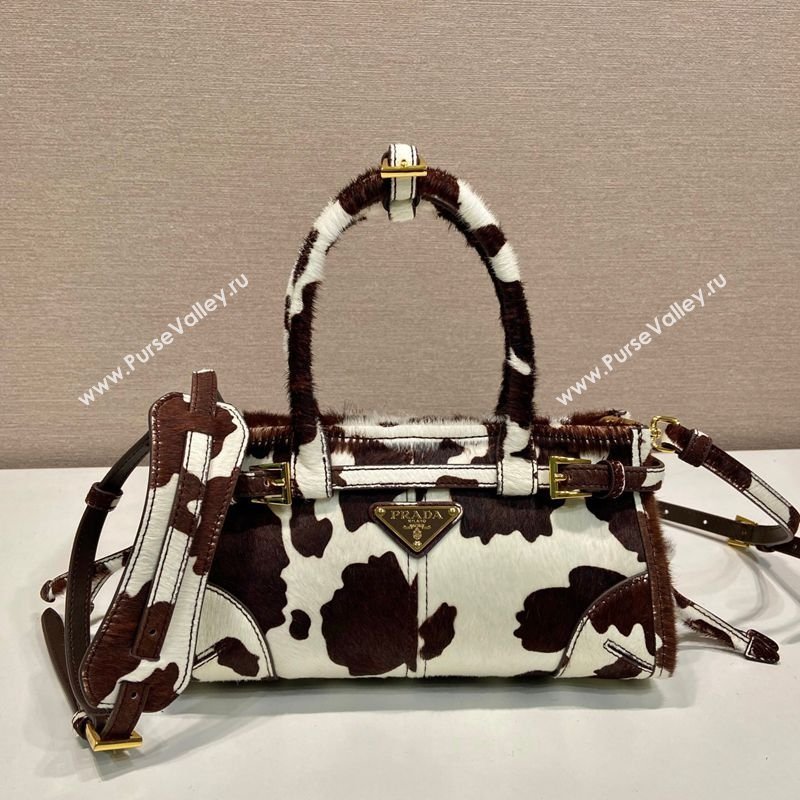 Prada Bonnie mini printed pony hair handbag White/Dark Brown 2026 1BA486 (YZ-260123016)