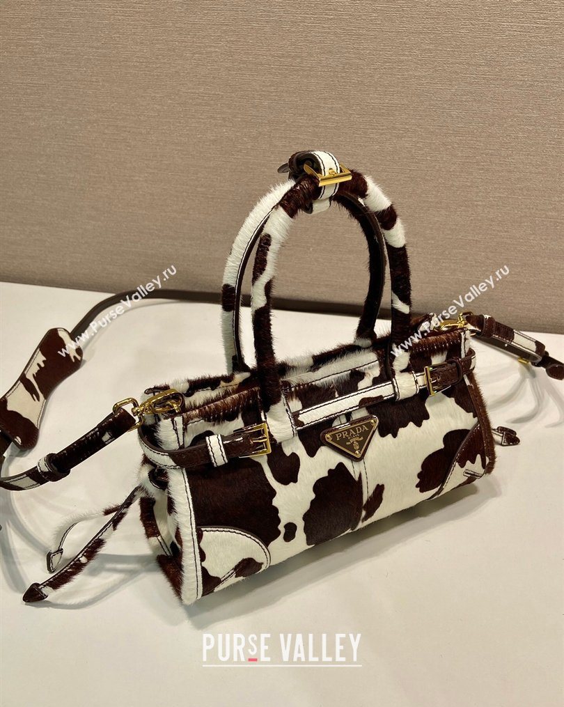 Prada Bonnie mini printed pony hair handbag White/Dark Brown 2026 1BA486 (YZ-260123016)