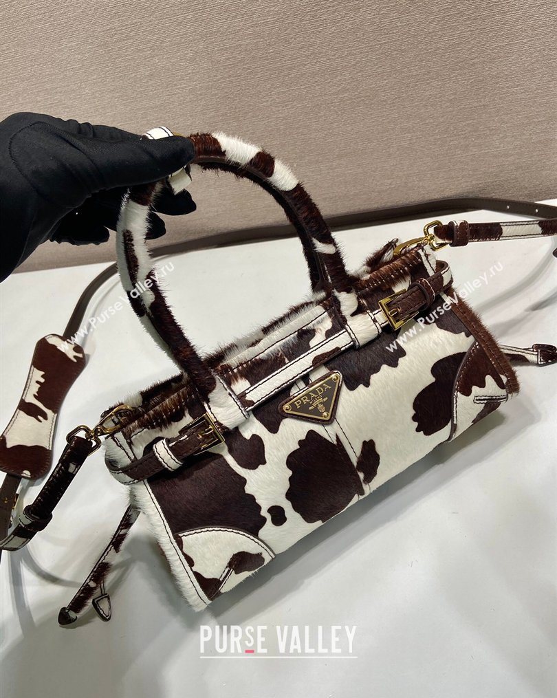 Prada Bonnie mini printed pony hair handbag White/Dark Brown 2026 1BA486 (YZ-260123016)
