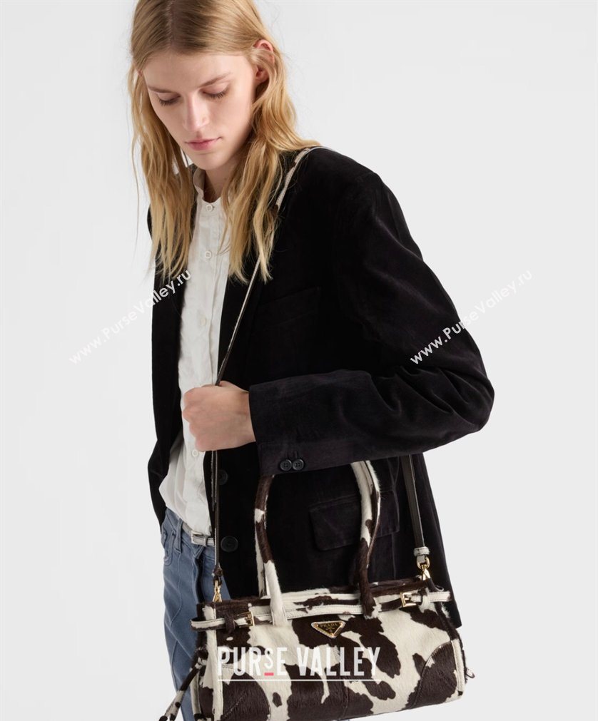 Prada Bonnie medium printed pony hair handbag 1BA426 White/Dark Brown 2026 (YZ-260123001)