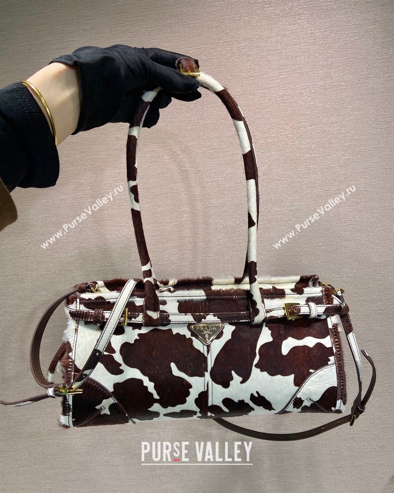 Prada Bonnie medium printed pony hair handbag 1BA426 White/Dark Brown 2026 (YZ-260123001)