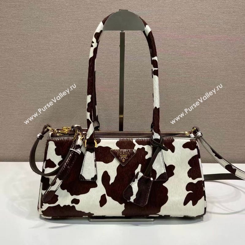 Prada Galleria medium printed pony hair bag White/Dark Brown 2026 1BA457 (YZ-260123017)