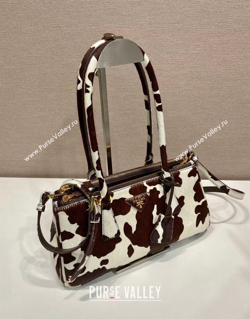 Prada Galleria medium printed pony hair bag White/Dark Brown 2026 1BA457 (YZ-260123017)