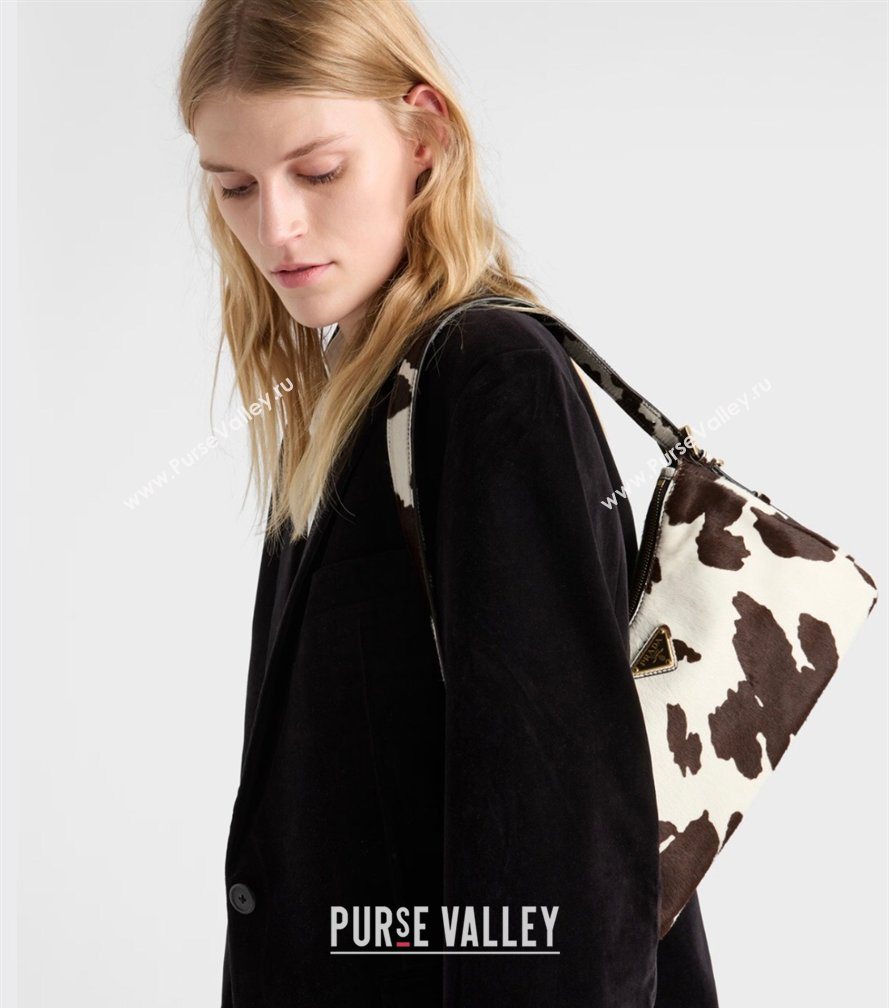 Prada Aimee medium printed pony hair shoulder bag White/Dark Brown 2026 1BC229 (YZ-260123018)