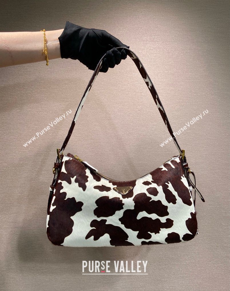 Prada Aimee medium printed pony hair shoulder bag White/Dark Brown 2026 1BC229 (YZ-260123018)