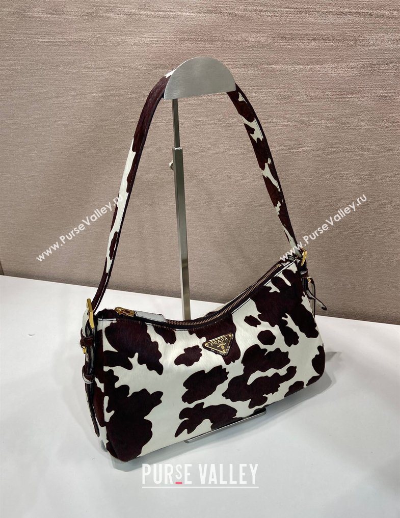 Prada Aimee medium printed pony hair shoulder bag White/Dark Brown 2026 1BC229 (YZ-260123018)