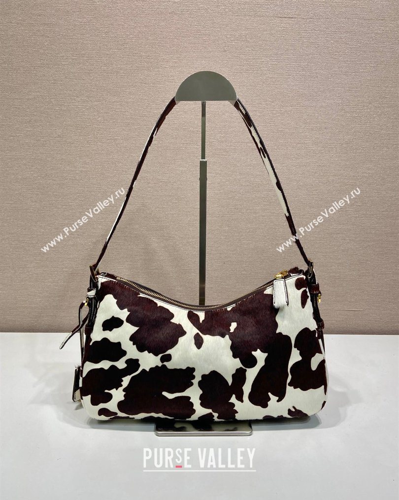Prada Aimee medium printed pony hair shoulder bag White/Dark Brown 2026 1BC229 (YZ-260123018)