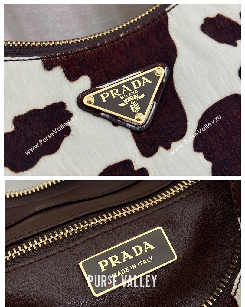Prada Aimee medium printed pony hair shoulder bag White/Dark Brown 2026 1BC229 (YZ-260123018)