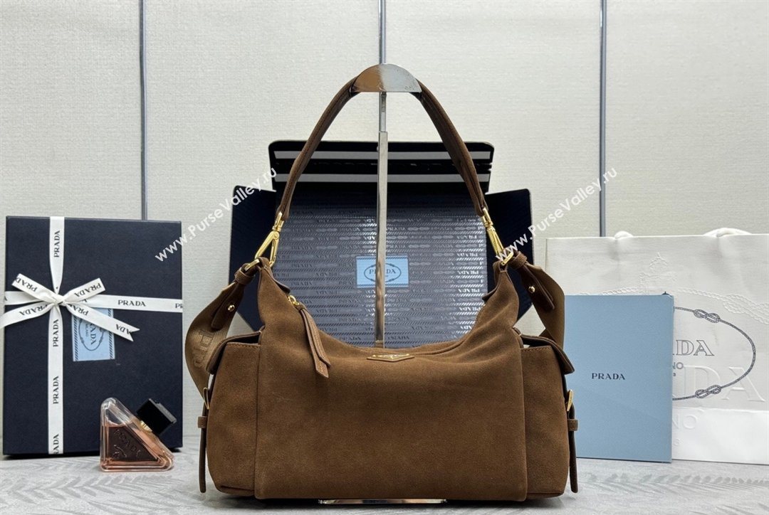 Prada Explore large suede shoulder bag Dark Brown 2025 1BC264 (YZ-260123042)