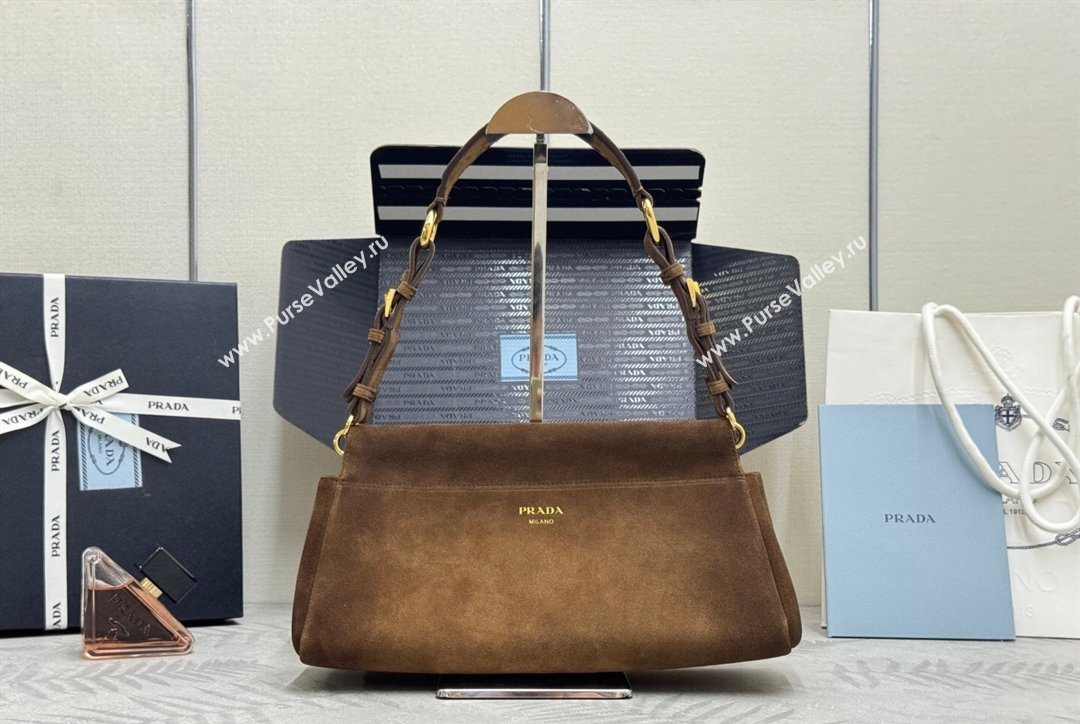 Prada Enchaîne medium suede bag Dark Brown 2025 1BC262 (YZ-260123066)