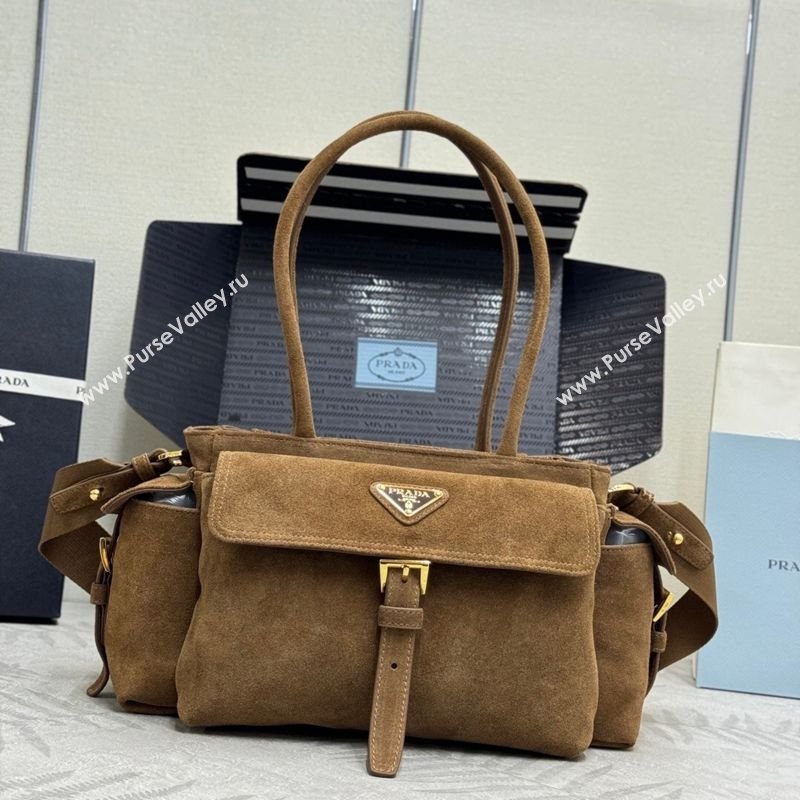 Prada Explore medium suede tote bag Dark Brown 2025 1BG596 (YZ-260123069)