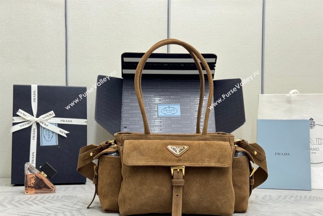 Prada Explore medium suede tote bag Dark Brown 2025 1BG596 (YZ-260123069)