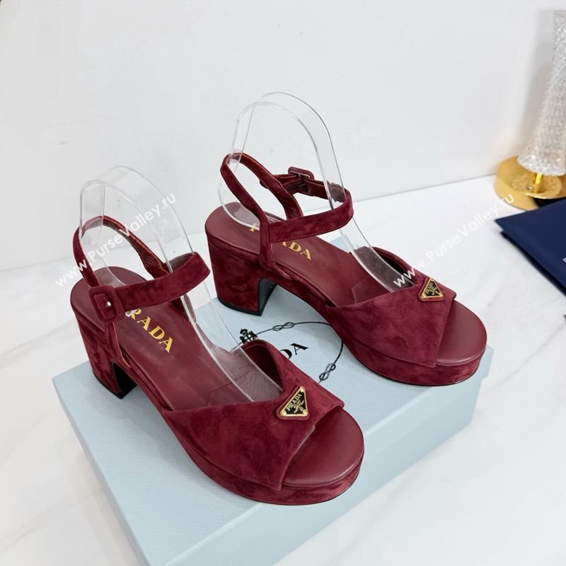 Prada Padded Suede Platform Sandals 7.5cm Burgundy 2026 PR022801 (MD-260228003)
