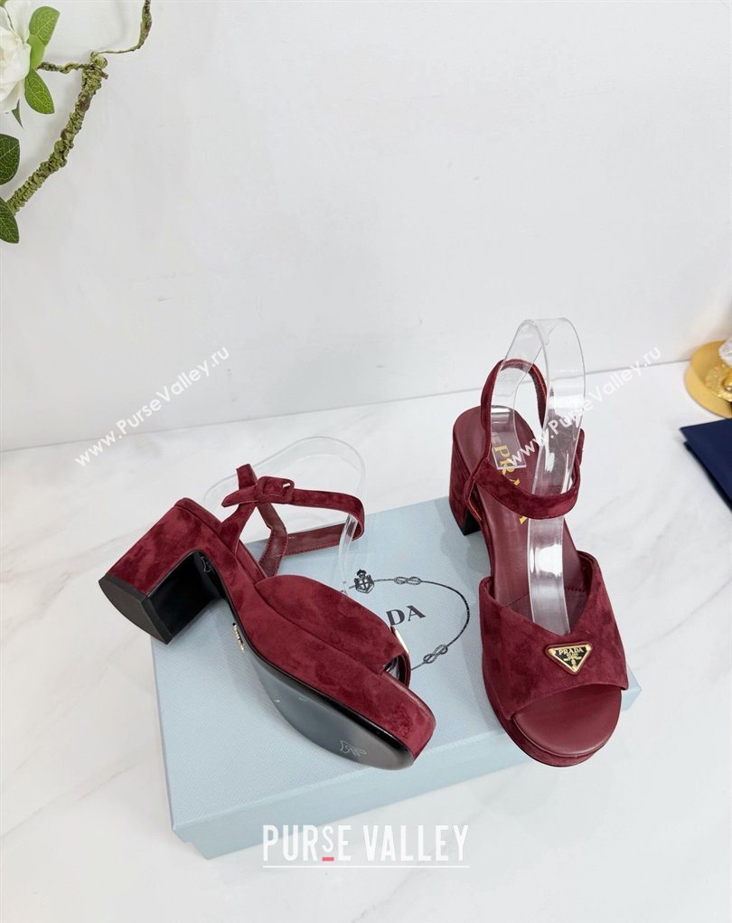 Prada Padded Suede Platform Sandals 7.5cm Burgundy 2026 PR022801 (MD-260228003)