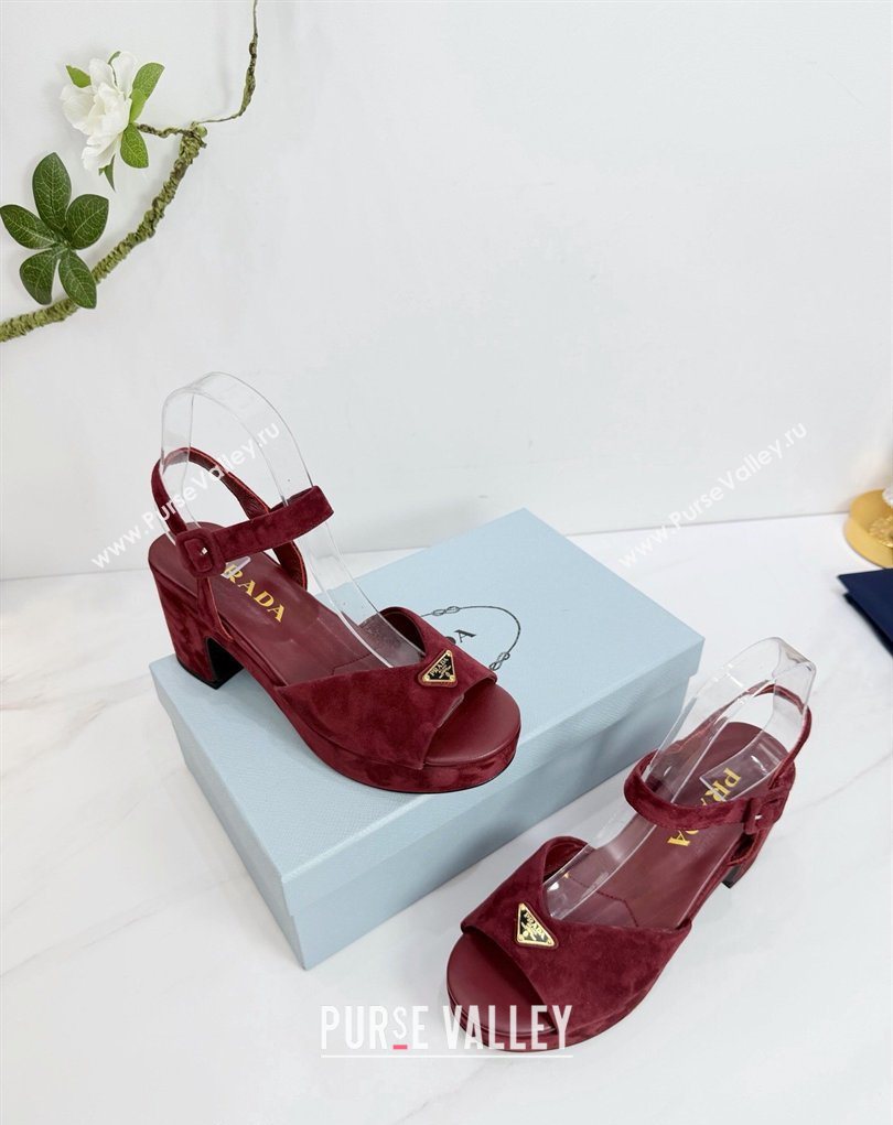 Prada Padded Suede Platform Sandals 7.5cm Burgundy 2026 PR022801 (MD-260228003)
