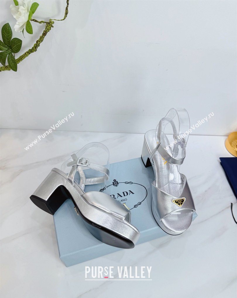 Prada Padded Leather Platform Sandals 7.5cm Silver 2026 PR022801 (MD-260228005)