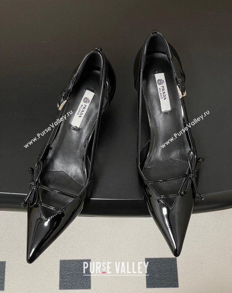 Prada Open-side Patent Leather Pumps 5.5cm with Bow Buckle Black 2026 1I442O (MD-260227102)