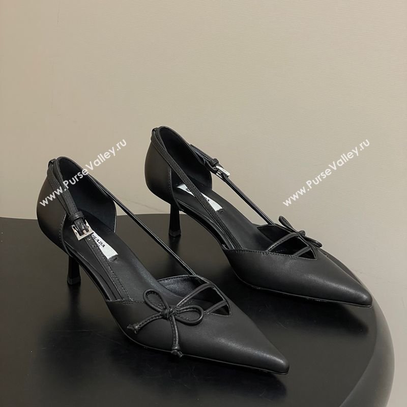 Prada Open-side Calf Leather Pumps 5.5cm with Bow Buckle Black 2026 1I442O (MD-260227104)