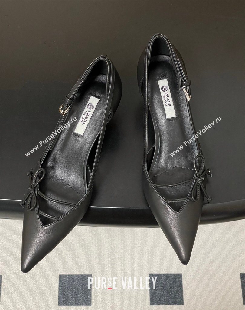 Prada Open-side Calf Leather Pumps 5.5cm with Bow Buckle Black 2026 1I442O (MD-260227104)