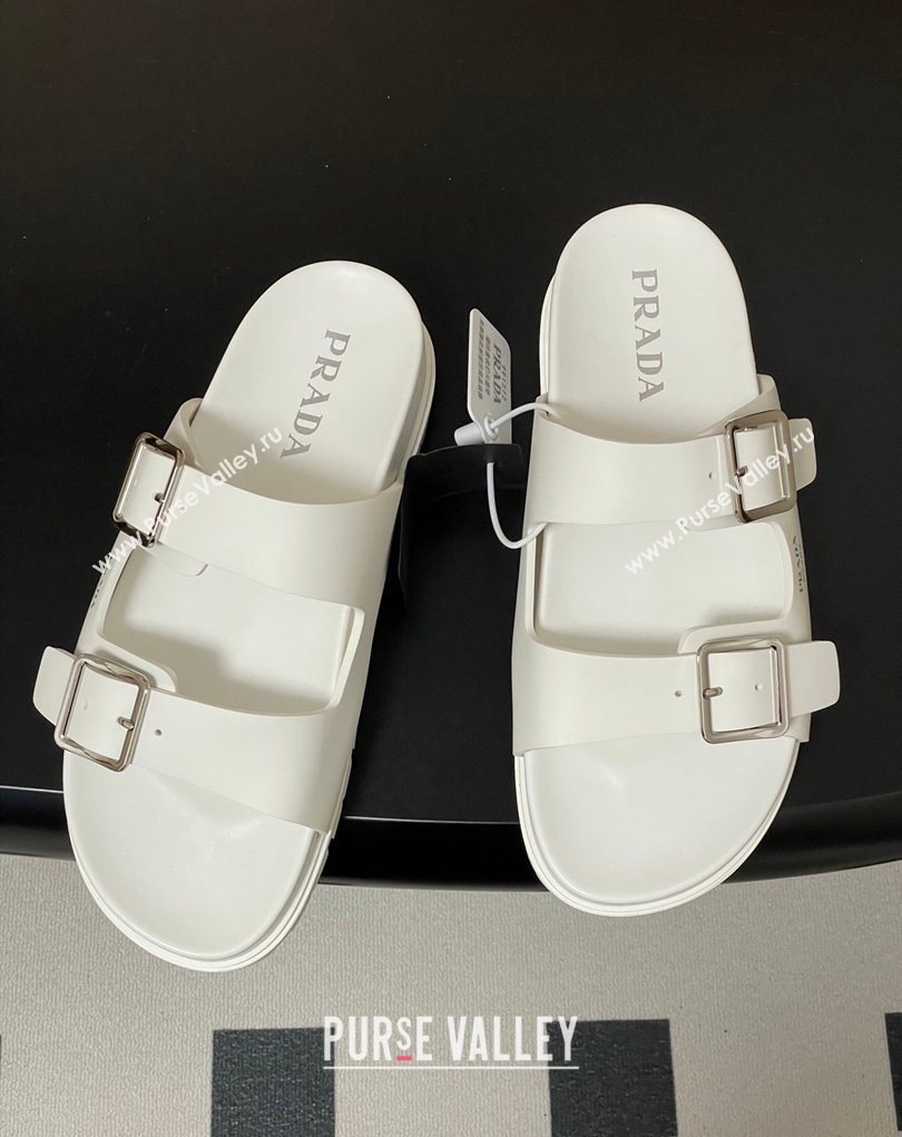 Prada Leather Flat Slides Sandal with Double Buckle White 2026 PR022803 (MD-260228037)