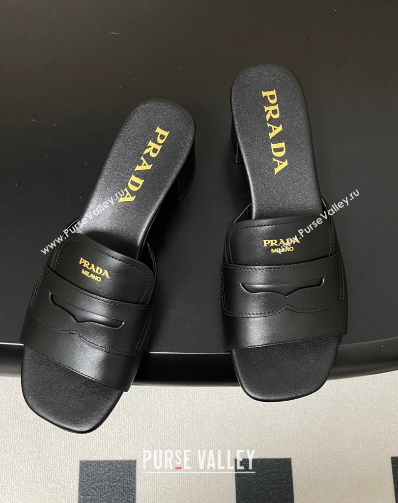 Prada Leather Heel Slides Sandal 3.5cm with Strap Black 2026 1XX781 (MD-260228040)