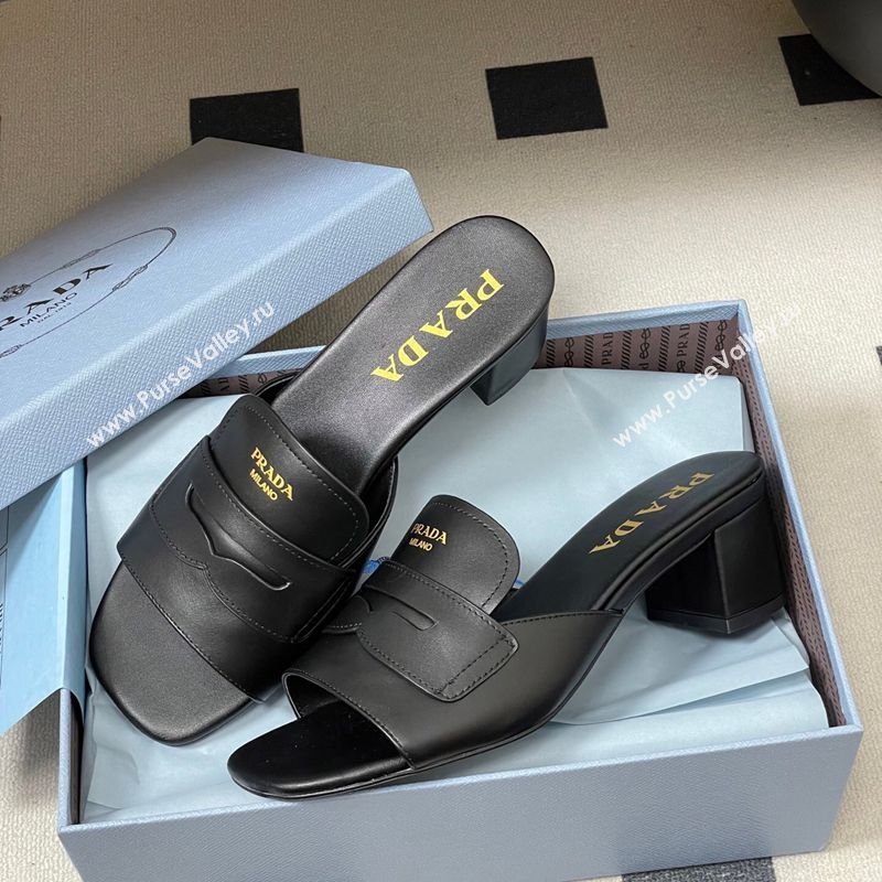 Prada Leather Heel Slides Sandal 3.5cm with Strap Black 2026 1XX781 (MD-260228040)