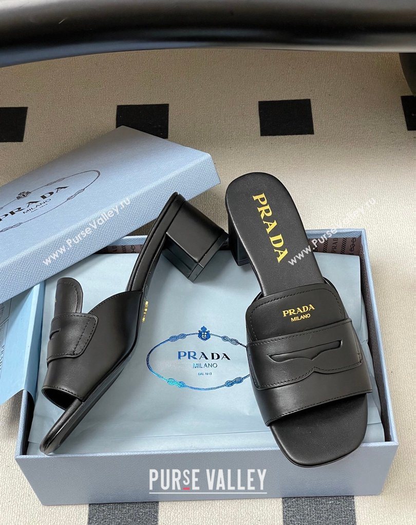 Prada Leather Heel Slides Sandal 3.5cm with Strap Black 2026 1XX781 (MD-260228040)