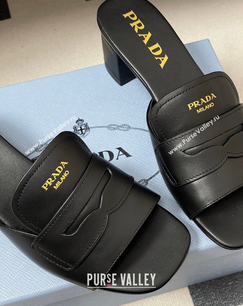Prada Leather Heel Slides Sandal 3.5cm with Strap Black 2026 1XX781 (MD-260228040)