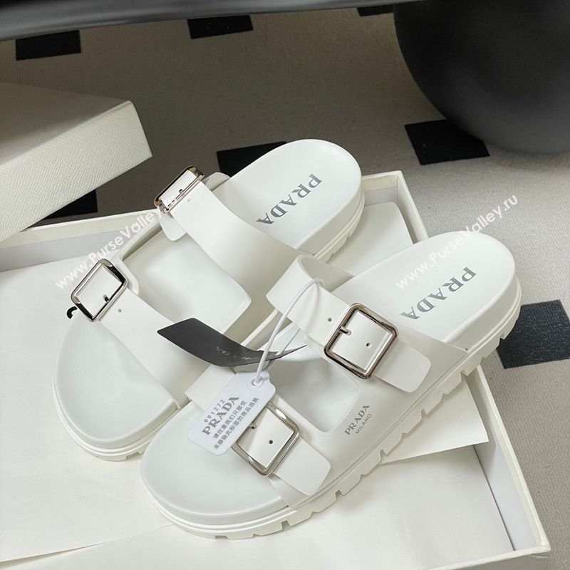 Prada Leather Flat Slides Sandal with Double Buckle White 2026 PR022803 (MD-260228037)