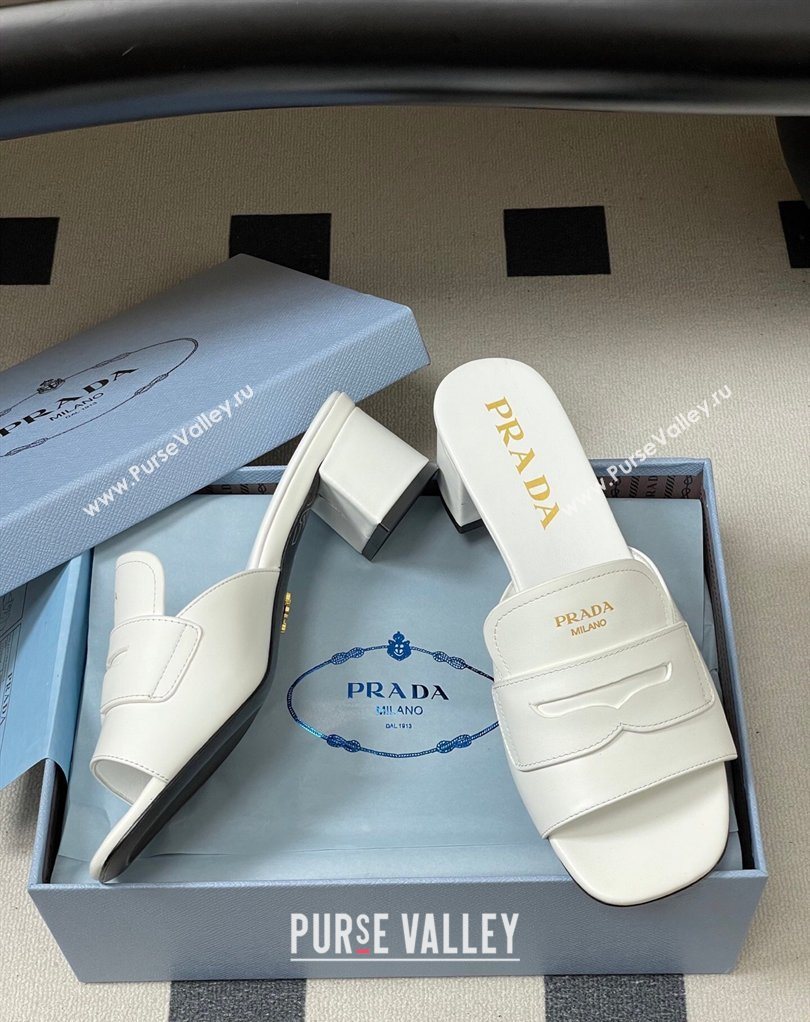 Prada Leather Heel Slides Sandal 3.5cm with Strap White 2026 1XX781 (MD-260228041)