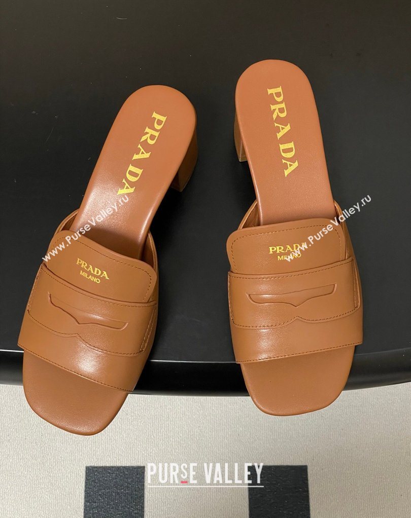 Prada Leather Heel Slides Sandal 3.5cm with Strap Brown 2026 1XX781 (MD-260228042)