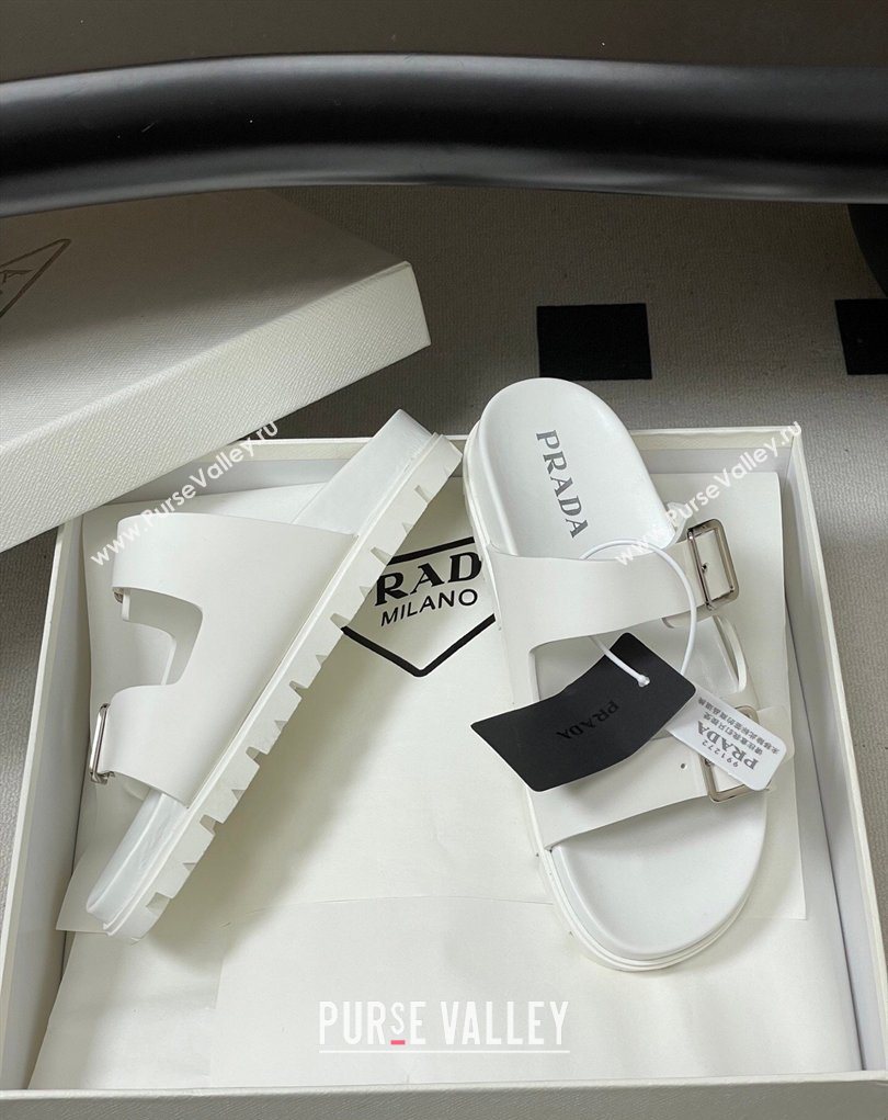 Prada Leather Flat Slides Sandal with Double Buckle White 2026 PR022803 (MD-260228037)