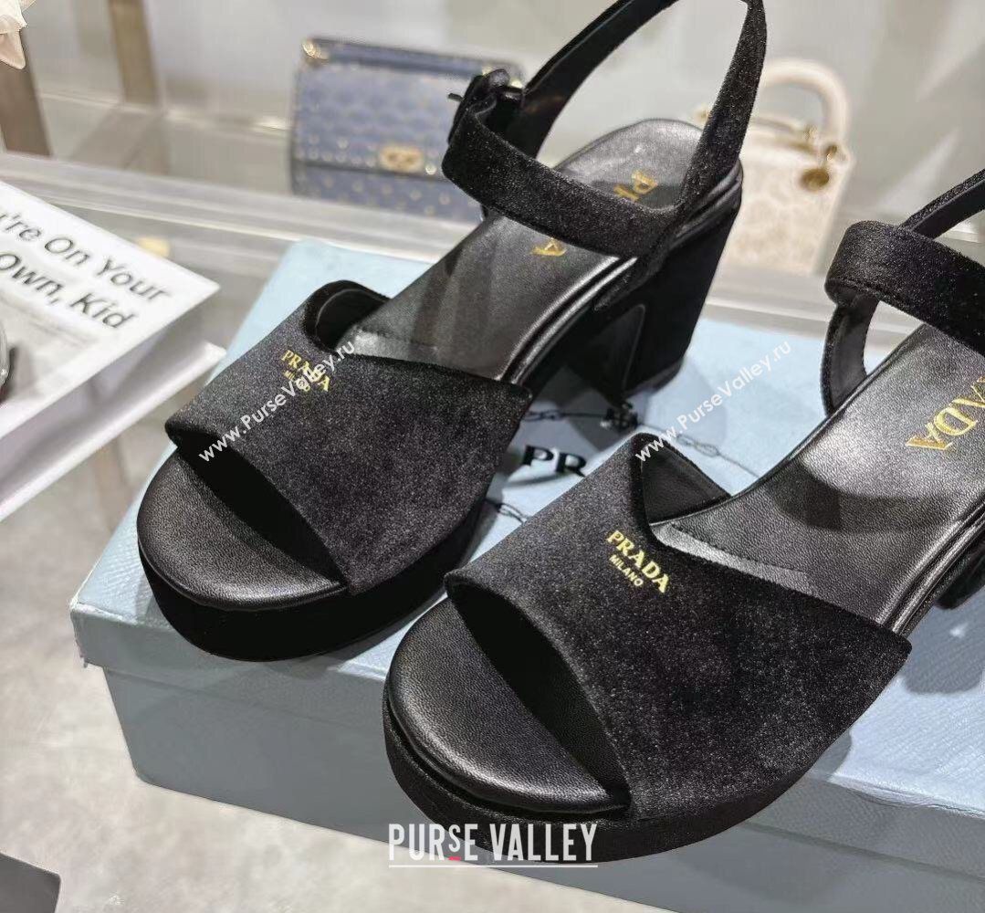 Prada Padded Velvet Platform Sandals 7.5cm Black 2026 1XZ786 (MD-260228020)