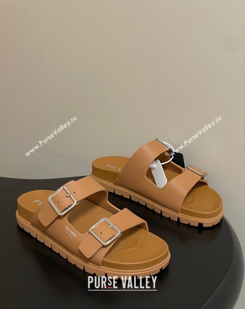 Prada Leather Flat Slides Sandal with Double Buckle Brown 2026 PR022803 (MD-260228038)