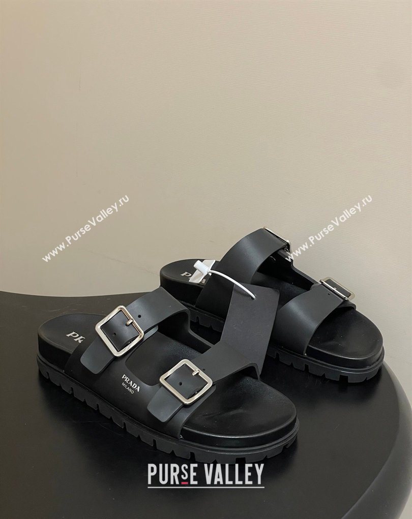 Prada Leather Flat Slides Sandal with Double Buckle Black 2026 PR022803 (MD-260228036)
