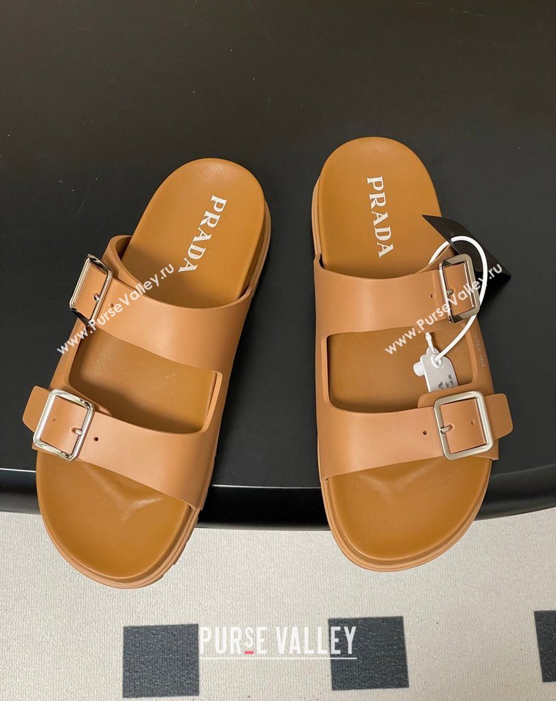 Prada Leather Flat Slides Sandal with Double Buckle Brown 2026 PR022803 (MD-260228038)