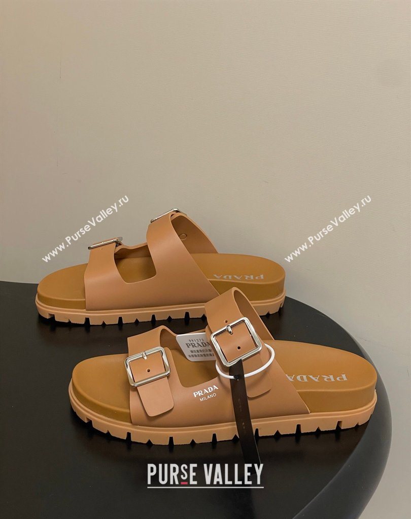 Prada Leather Flat Slides Sandal with Double Buckle Brown 2026 PR022803 (MD-260228038)