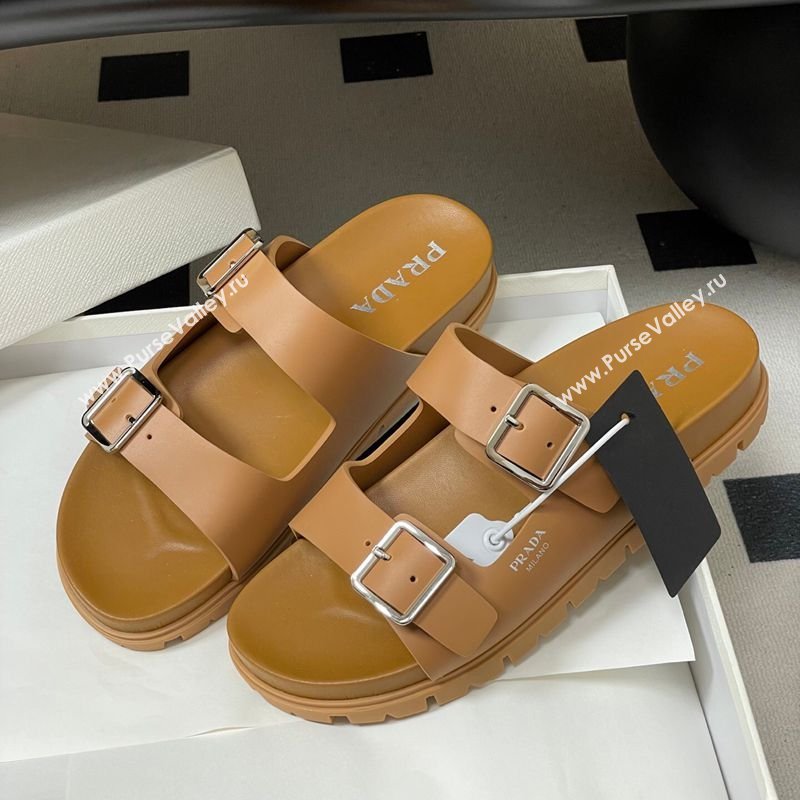 Prada Leather Flat Slides Sandal with Double Buckle Brown 2026 PR022803 (MD-260228038)