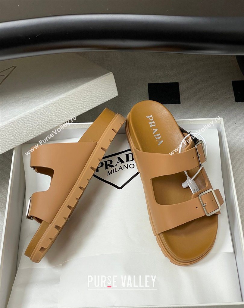 Prada Leather Flat Slides Sandal with Double Buckle Brown 2026 PR022803 (MD-260228038)