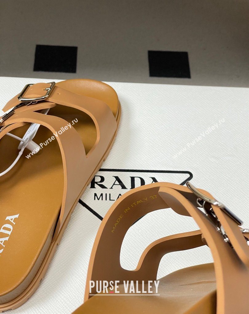 Prada Leather Flat Slides Sandal with Double Buckle Brown 2026 PR022803 (MD-260228038)