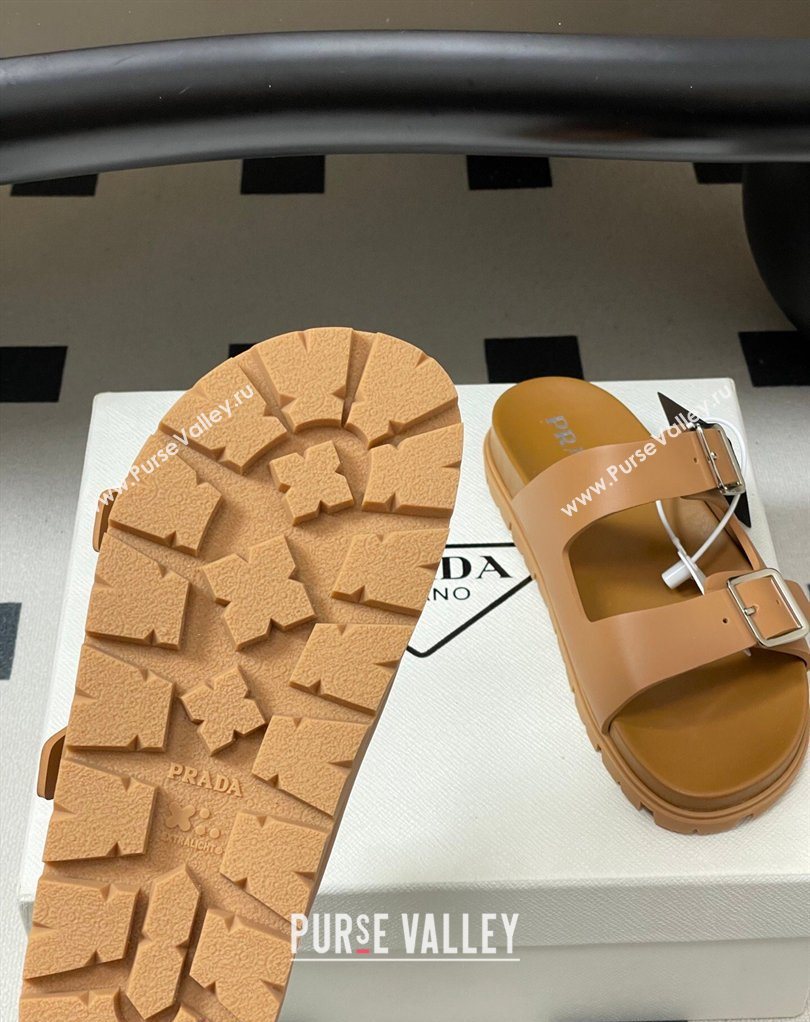 Prada Leather Flat Slides Sandal with Double Buckle Brown 2026 PR022803 (MD-260228038)