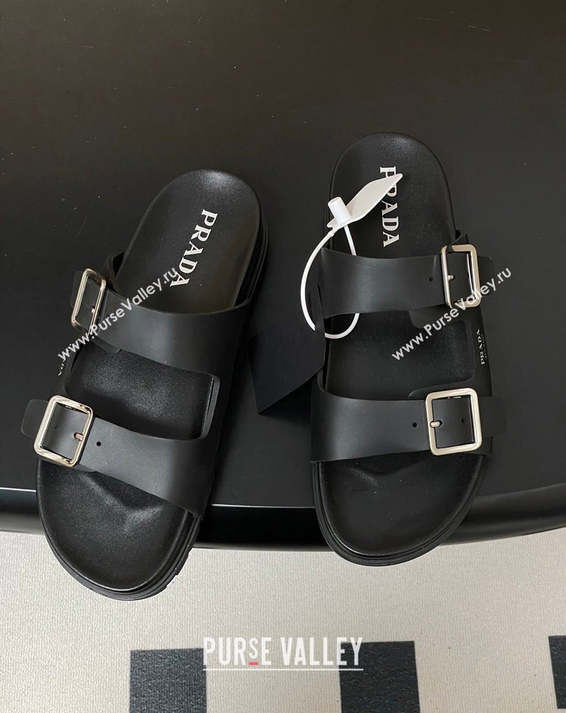 Prada Leather Flat Slides Sandal with Double Buckle Black 2026 PR022803 (MD-260228036)