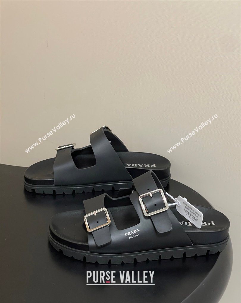 Prada Leather Flat Slides Sandal with Double Buckle Black 2026 PR022803 (MD-260228036)