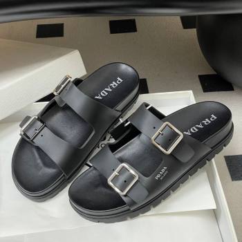 Prada Leather Flat Slides Sandal with Double Buckle Black 2026 PR022803 (MD-260228036)