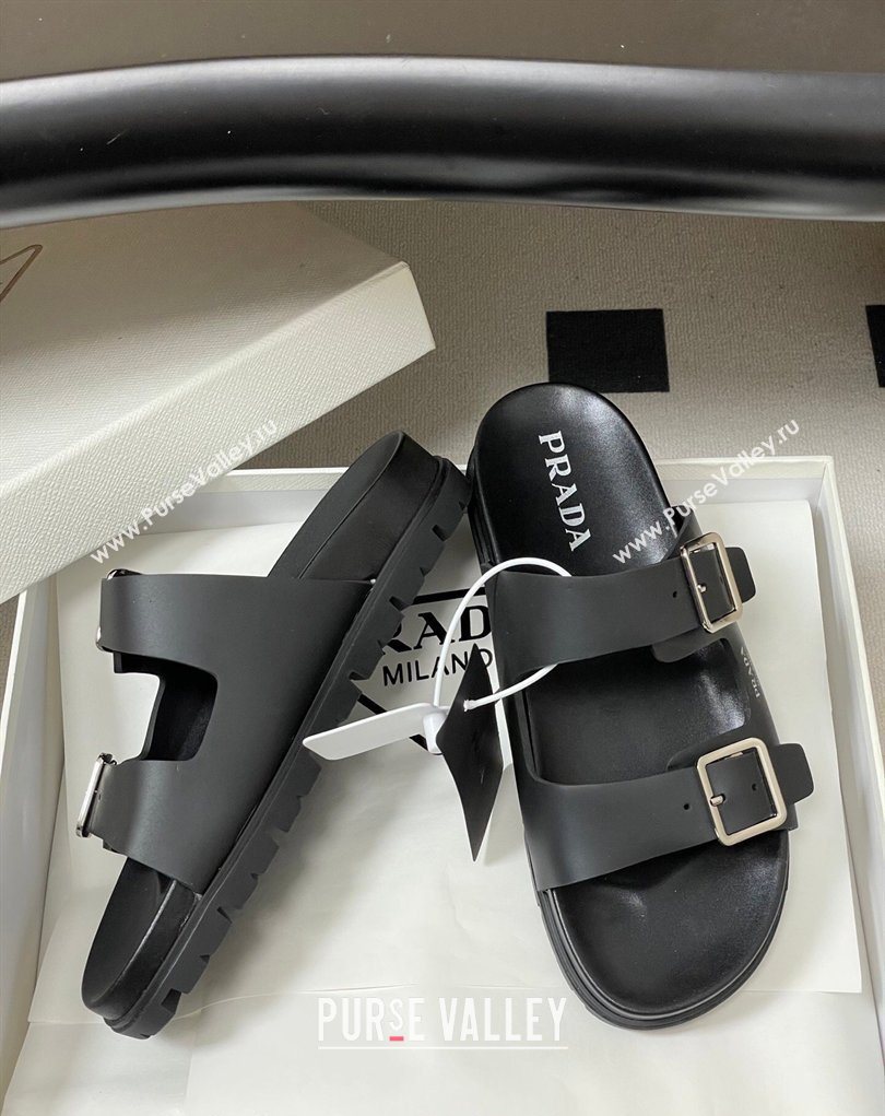 Prada Leather Flat Slides Sandal with Double Buckle Black 2026 PR022803 (MD-260228036)