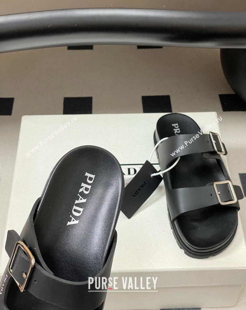 Prada Leather Flat Slides Sandal with Double Buckle Black 2026 PR022803 (MD-260228036)