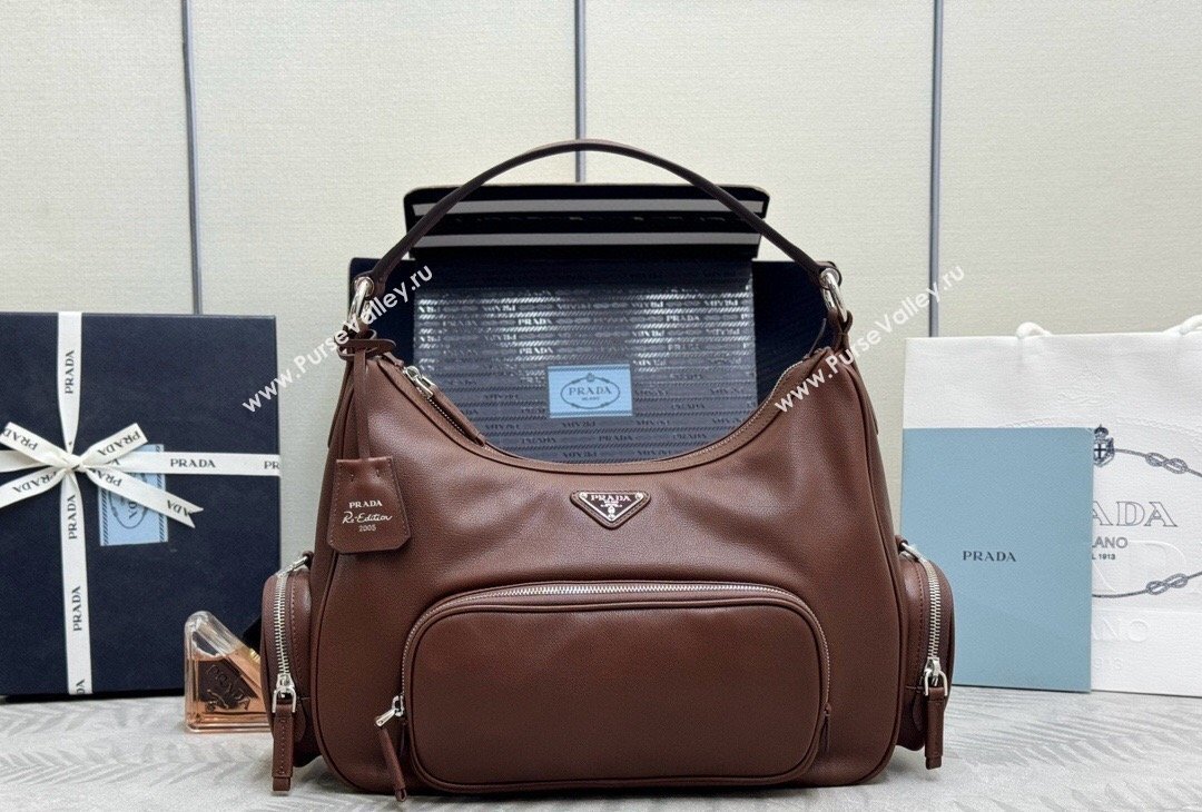 Prada Medium washed leather hobo bag Cocoa Brown 1BC276 2026 (YZ-260410134)