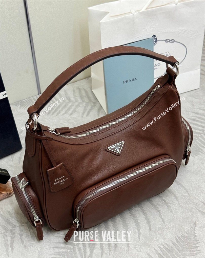 Prada Medium washed leather hobo bag Cocoa Brown 1BC276 2026 (YZ-260410134)