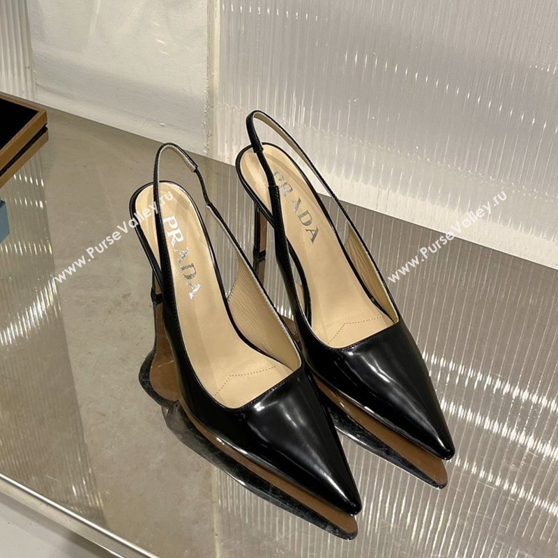 Prada Brushed Leather Slingback Pumps 8.5cm with Back Logo Black 2023 PR121401 (MD-231214019)