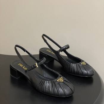 Prada Pleated Leather Slingbacks Pumps 4cm Black 2026 PR022701 (MD-260227092)